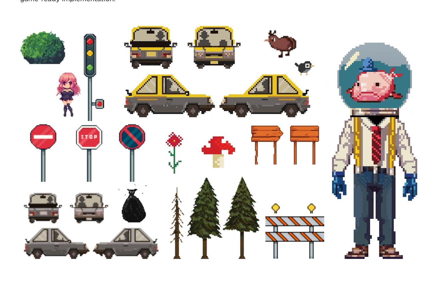 Pixel art props, vehicles and signage