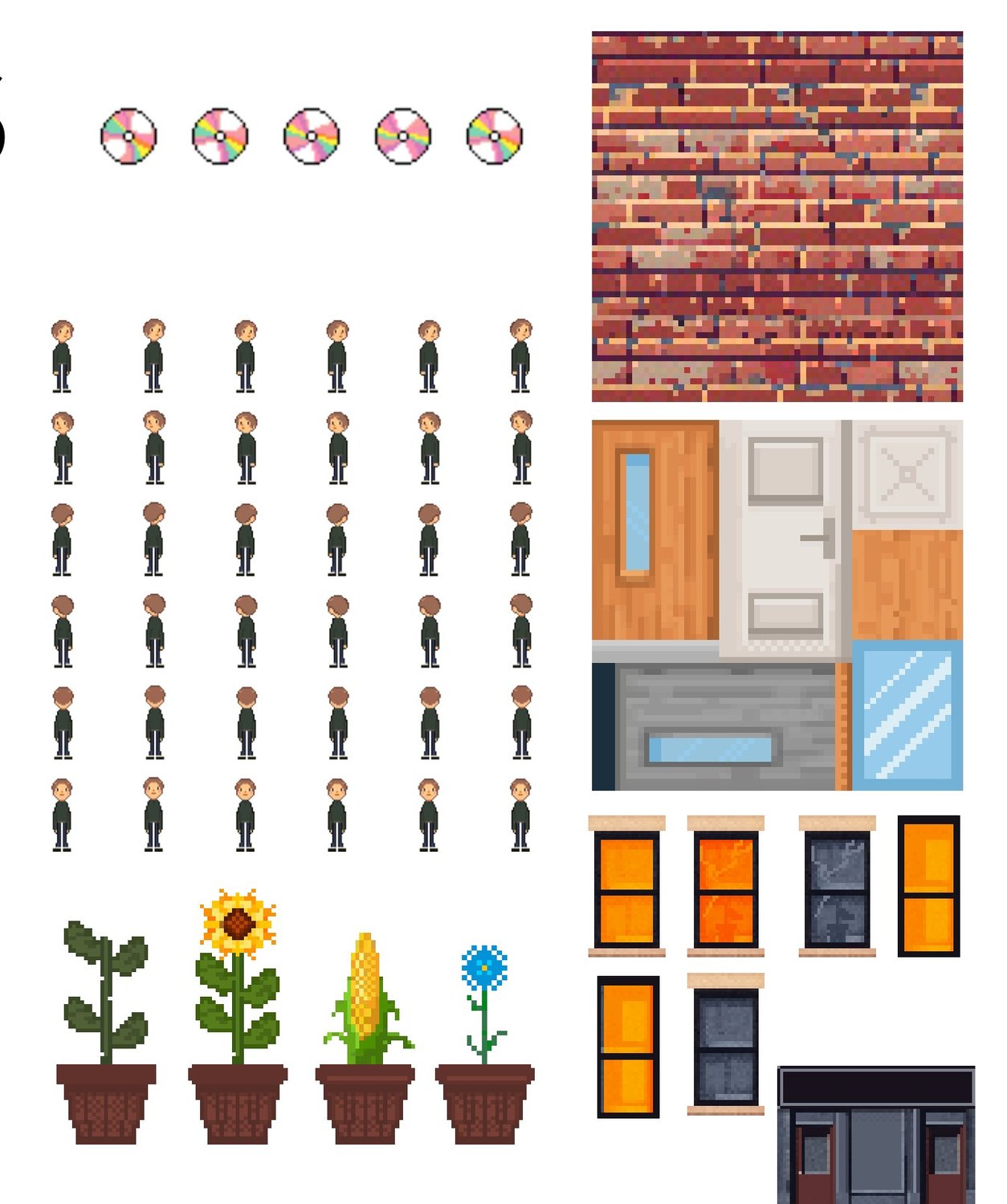 Pixel art tiles, windows and character walk cycles